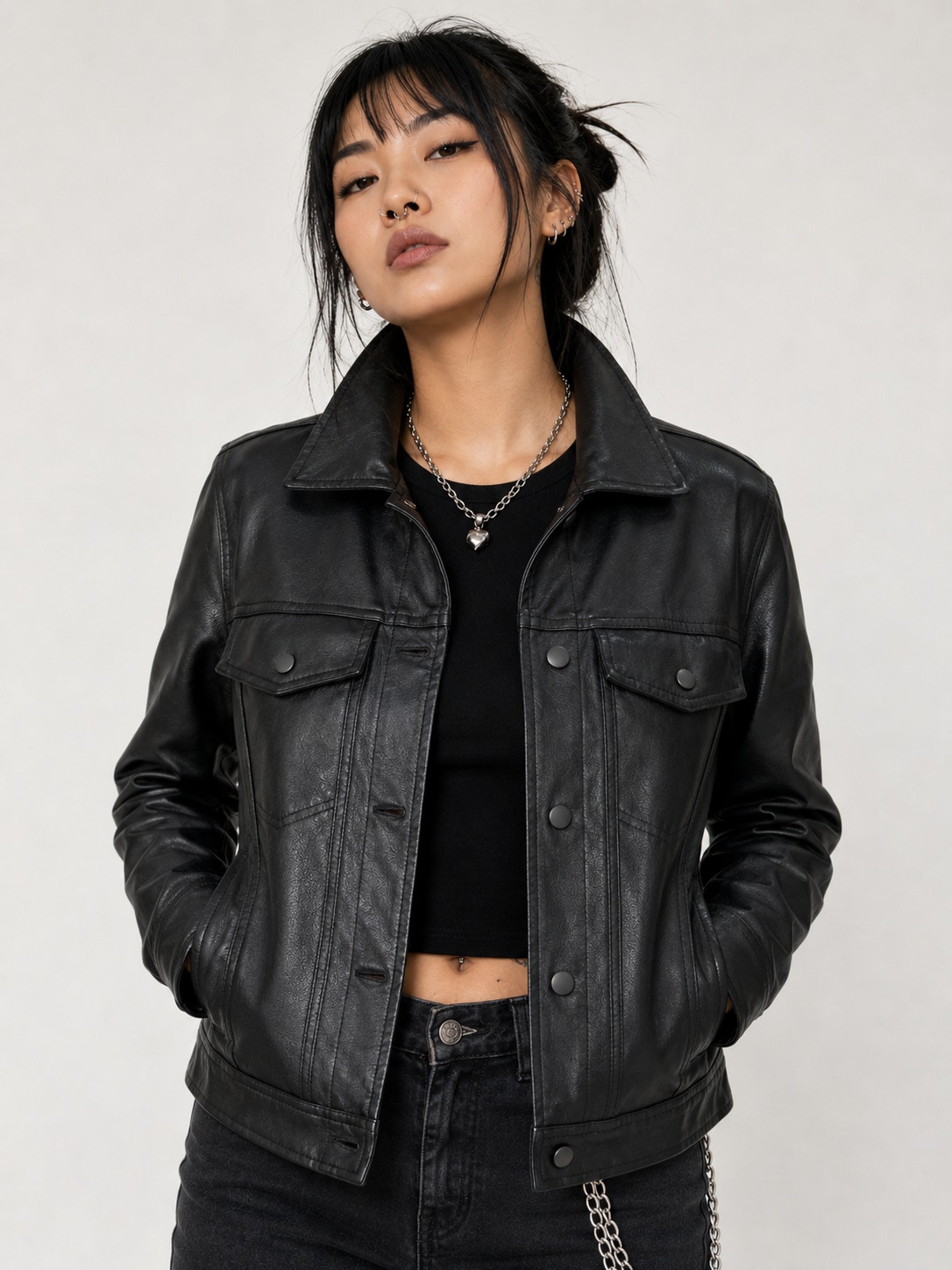 Sebby Collection Black Biker Moto Faux Vegan Leather With Faux Fur Lining Small